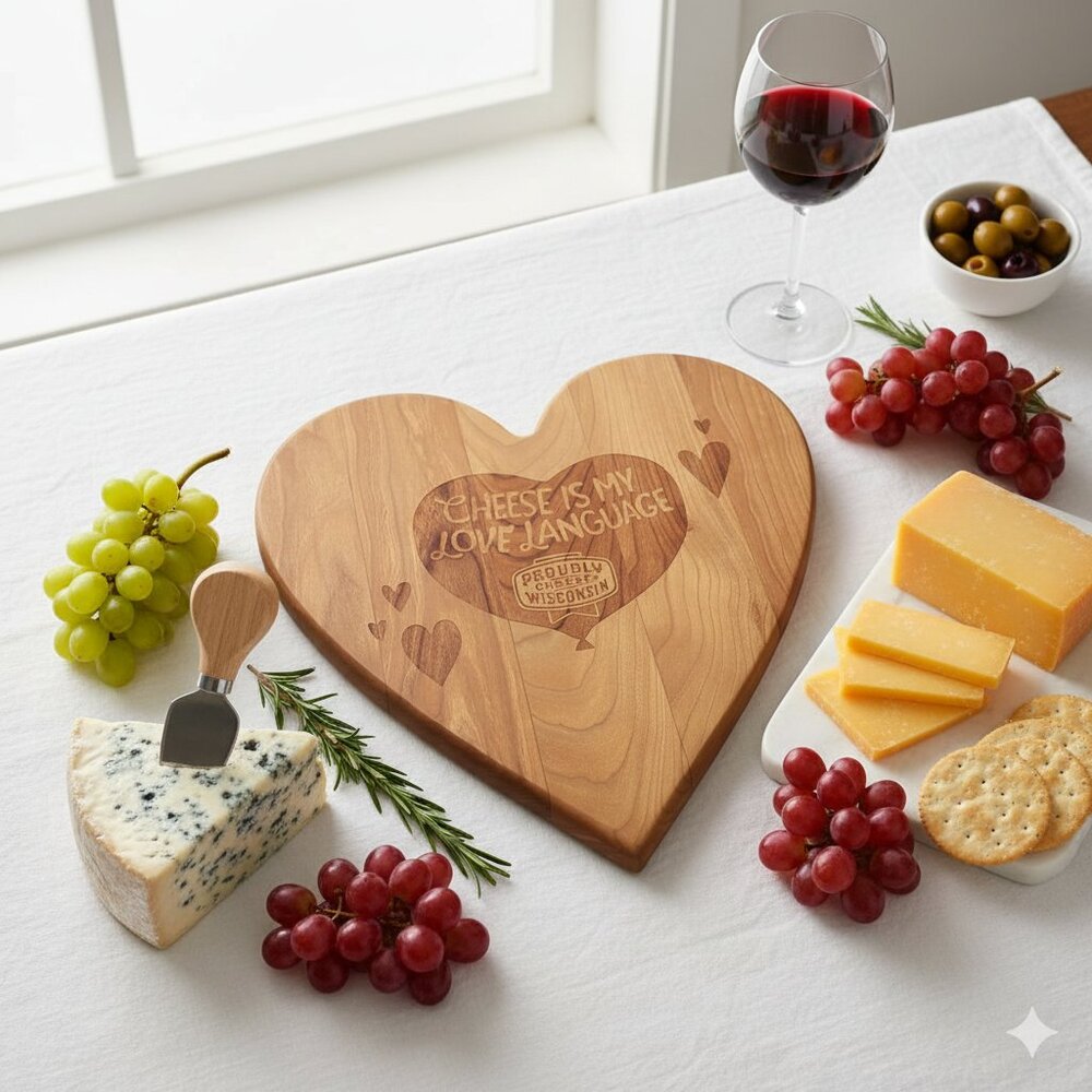 Wisconsin Heart Wood Cutting Board "Cheese Is My Love Language" Charcuterie NEW